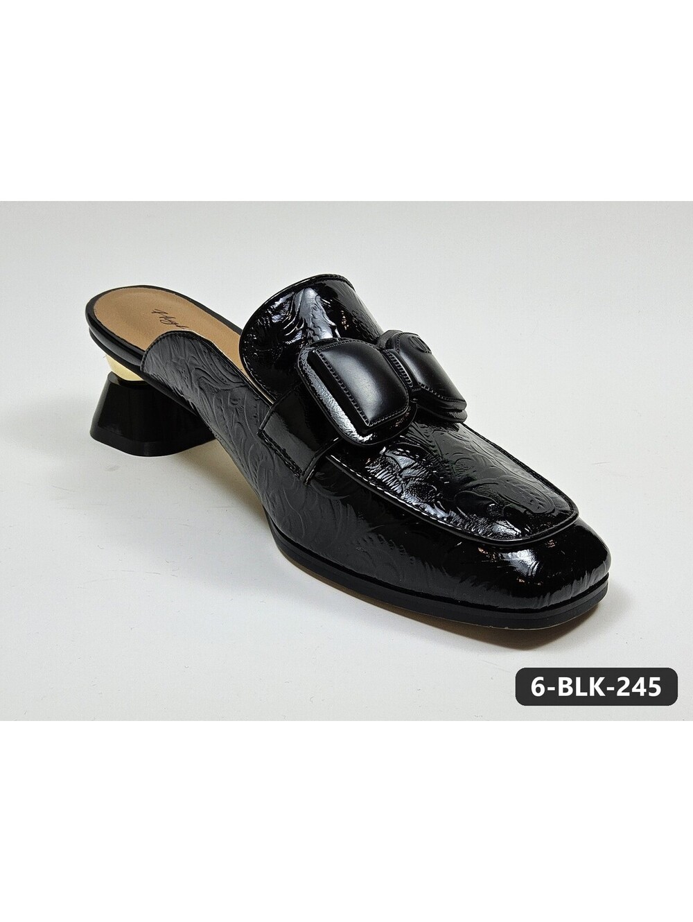 Women's Black Embossed Patent Bow Mules with Gold-Accent Block Heel